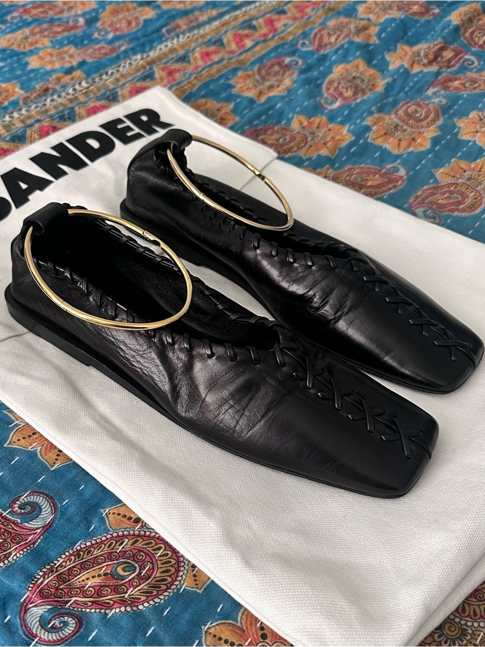 Jil Sander Black Leather Hoop Slingback Flats